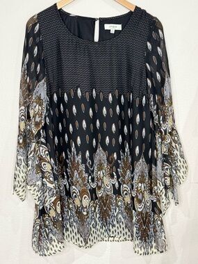 Umgee Flowy Tunic Boho Sheer Sleeves Black & Brown Paisley Women’s Size Medium